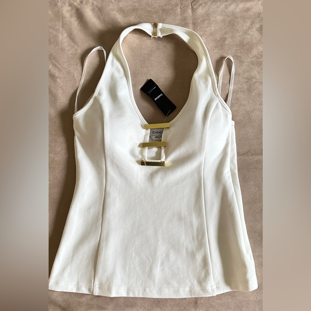 BEBE Deep Halter Top - White & Gold - Medium